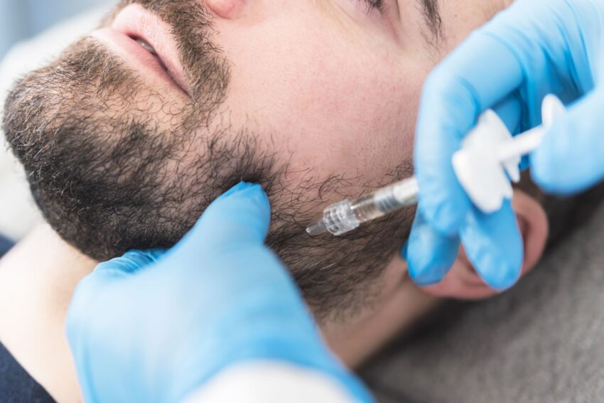 A man receiving jawline filler treatment.