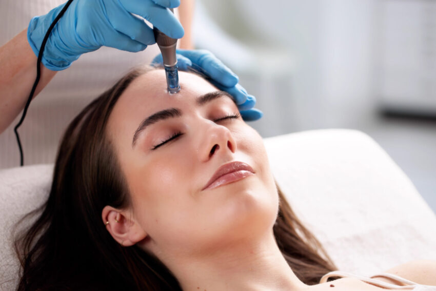 Woman getting microneedling to her forehead
